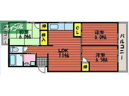 クオーレ撫川B棟(3LDK/3階)の間取り写真