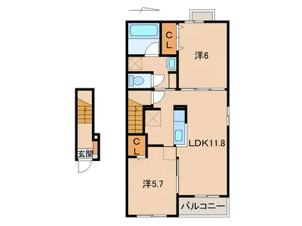 エルシャトー吉備VI(2LDK/2階)の間取り写真
