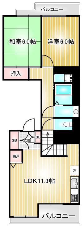 中富D棟(2LDK/5階)の間取り写真