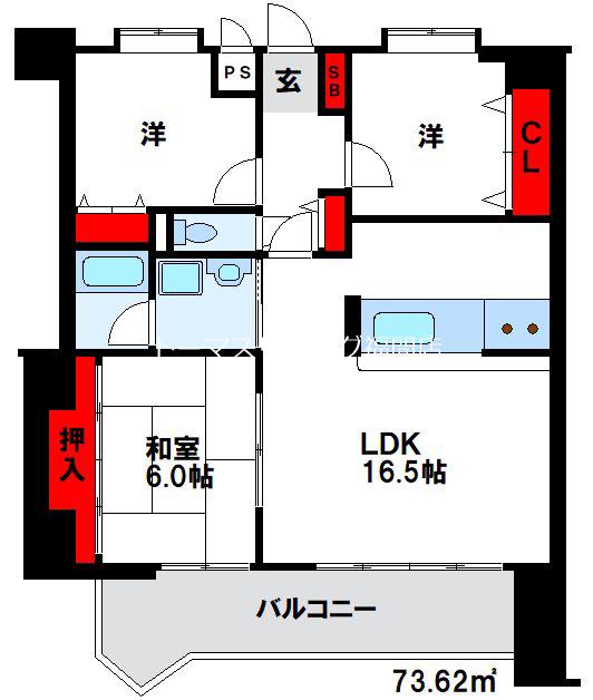 アーバン宮地岳(3LDK/8階)の間取り写真