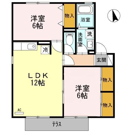 サニーハイツ田寺B(2LDK/1階)の間取り写真