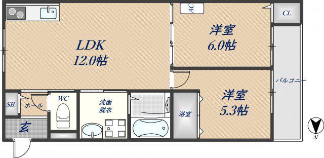 クリエオーレ新鴻池(2LDK/2階)の間取り写真