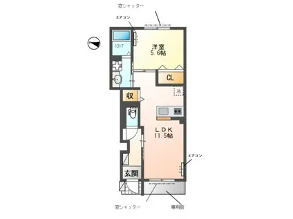ザ・パーシモン・テラス(1LDK/1階)の間取り写真