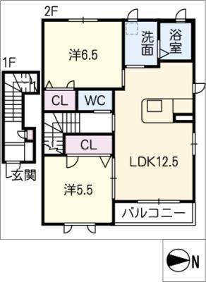 シャンテソラーレ A棟(2LDK/2階)の間取り写真
