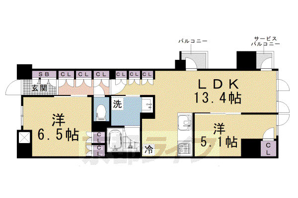 レーベン京都河原町(2LDK/7階)の間取り写真