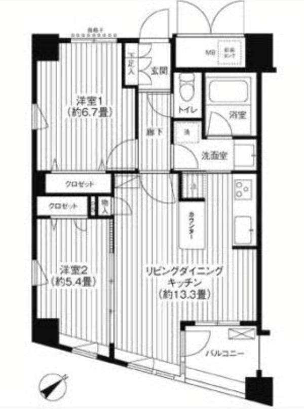 コスモリード新宿余丁町(2LDK/3階)の間取り写真