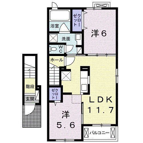 ポートレーゼ綾川B(2LDK/2階)の間取り写真