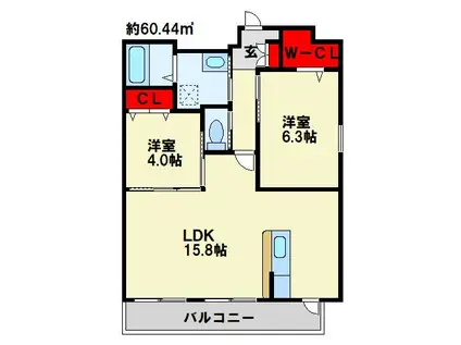 ハイネス大野城(2LDK/9階)の間取り写真