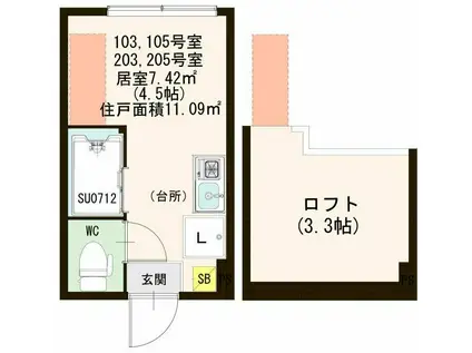 ハーモニーテラス四谷坂町(ワンルーム/2階)の間取り写真