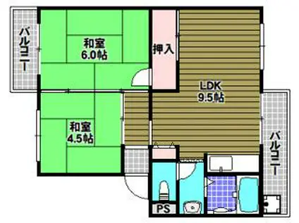 狭山遊園ハイツ 3号棟(2LDK/5階)の間取り写真