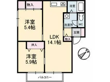 グランディアス B棟(2LDK/2階)の間取り写真