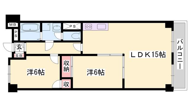 クラウンズビラ花影(2LDK/6階)の間取り写真