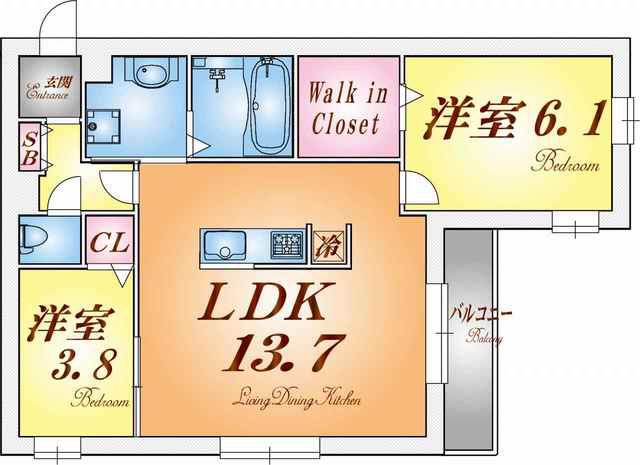 ブル・マリーノ衣掛(2LDK/3階)の間取り写真