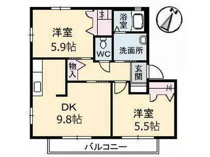 シャーメゾン K 弐番館(2DK/2階)の間取り写真