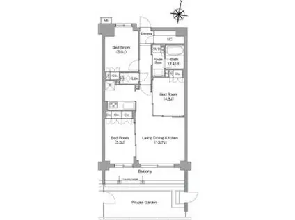 ミレーネ神戸住吉本町(3LDK/B1階)の間取り写真