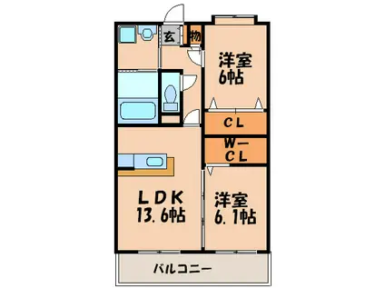 メゾンドリバティ那珂川(2LDK/2階)の間取り写真