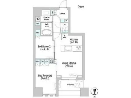 ネウボーノ菊川II(2LDK/9階)の間取り写真