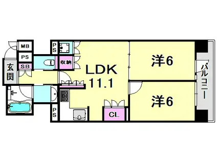 リーガル神戸三宮フラワーロード(2LDK/2階)の間取り写真