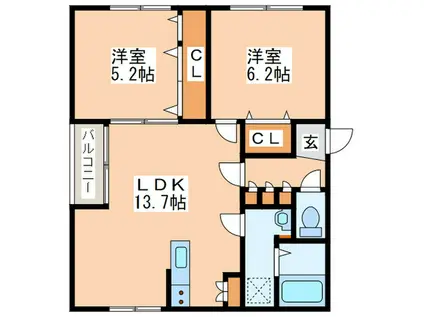 TARTE月寒中央(2LDK/2階)の間取り写真