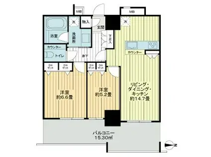 リュークスタワー・ザ・イースト(2LDK/14階)の間取り写真