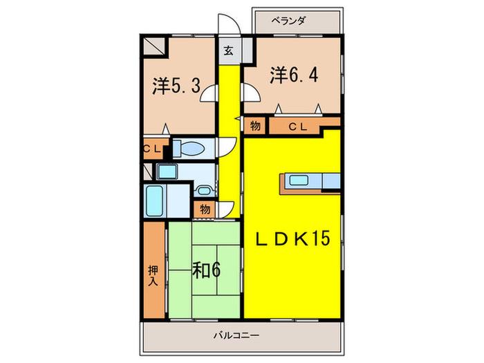 ボヌール宝塚(3LDK/3階)の間取り写真