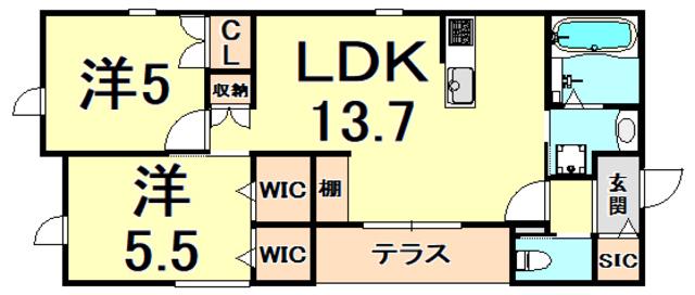 カサキーナ(2LDK/1階)の間取り写真