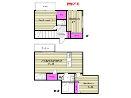 礼敷ゼロゼロ メゾネットタイプ3LDK LIVEFLAT東高円寺II R(3LDK/1階)の間取り写真