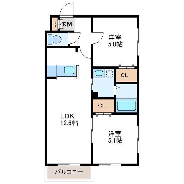 グランディールN21イースト(2LDK/3階)の間取り写真