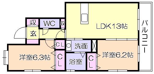 プラザ社田(2LDK/3階)の間取り写真