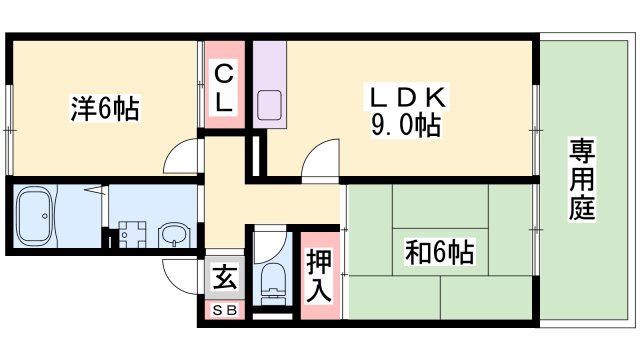 ハイカムール・山手(2DK/1階)の間取り写真