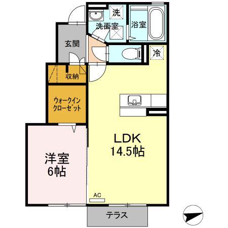 フェリス河内B棟(1LDK/1階)の間取り写真