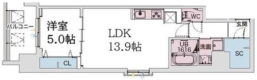 DRAW上本町(1LDK/2階)の間取り写真