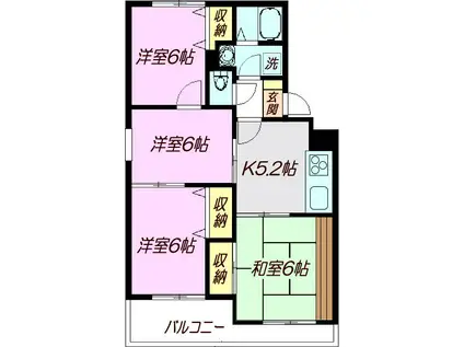 レインボーパークA棟(4DK/2階)の間取り写真
