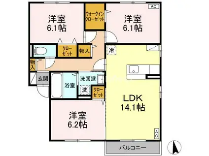 ボヌール・ヒルズ 市名坂 A(3LDK/2階)の間取り写真