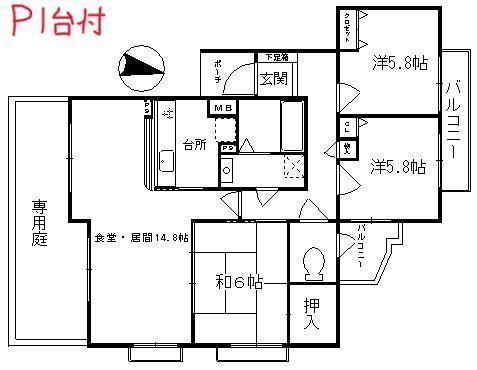 モンセーヌ西神南(3LDK/1階)の間取り写真