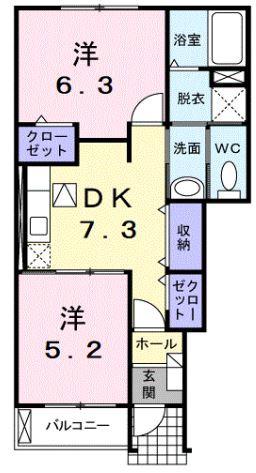 グローリアA棟(2DK/1階)の間取り写真