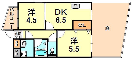 モンスフェール篠原北町(2DK/1階)の間取り写真