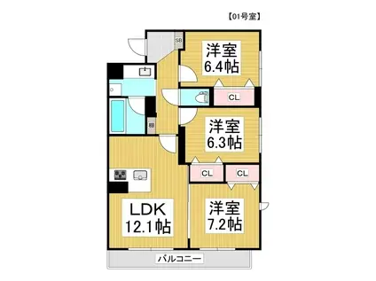 コンフォーティア広丘吉田III B棟(3LDK/2階)の間取り写真