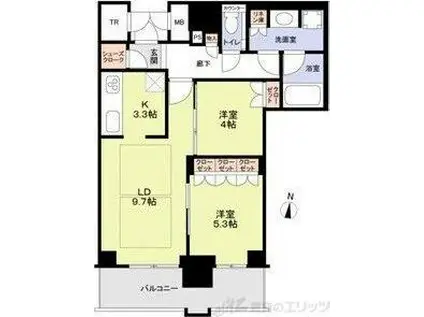 ブランズタワー梅田ノース(2LDK/9階)の間取り写真