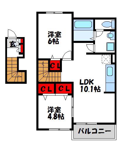 マーベラスコートS D棟(2LDK/2階)の間取り写真