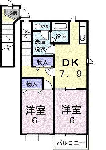 カーサセレシアスール(2DK/2階)の間取り写真