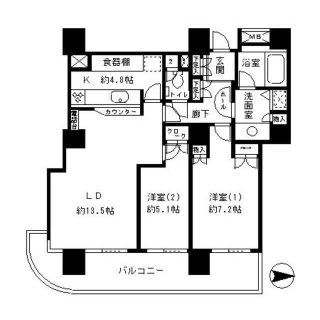 リバーポイントタワー 部屋番号304(2LDK/3階)の間取り写真