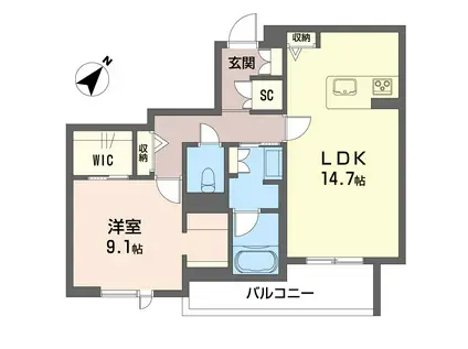 ウィズプラス浦和美園ウエストE棟(1LDK/1階)の間取り写真