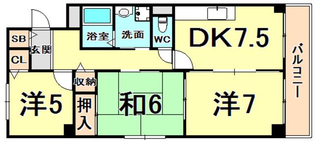 シェルコート南甲子園(3DK/2階)の間取り写真