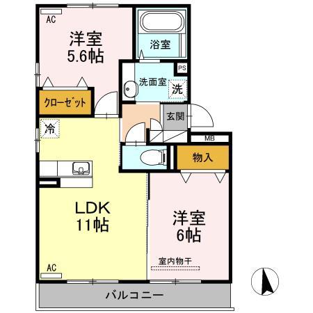 ウエスト ヴィレッジⅡ B棟(2LDK/2階)の間取り写真