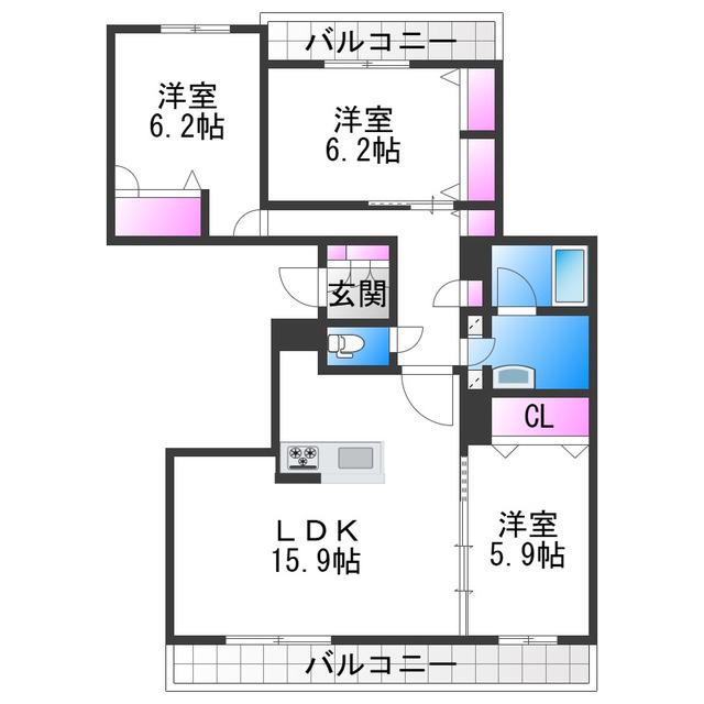 ヒュッゲ コート(3LDK/2階)の間取り写真