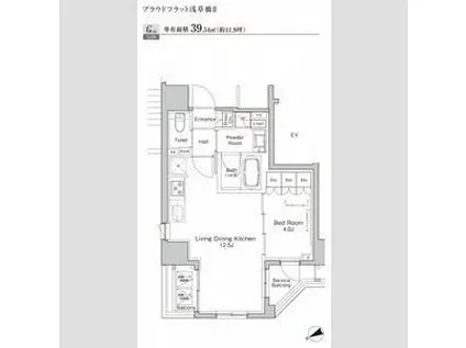 プラウドフラット浅草橋II(1LDK/12階)の間取り写真