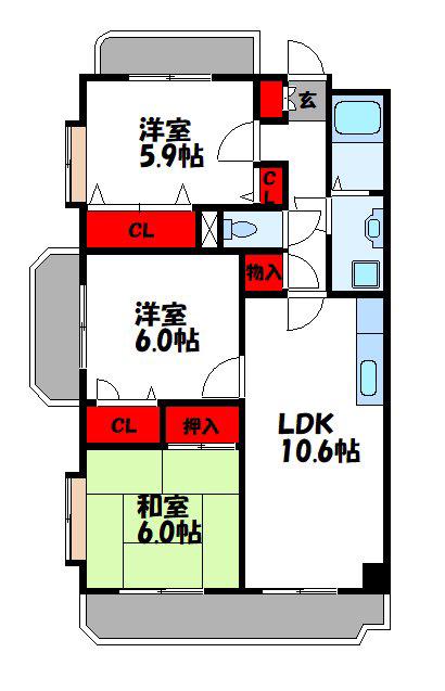 コンフォート香椎東(3LDK/2階)の間取り写真