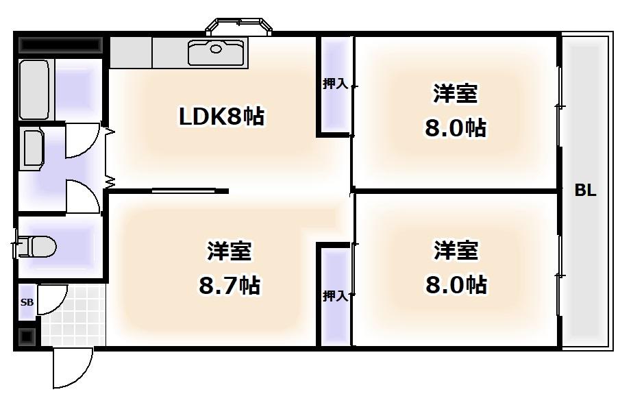 コーポイン天王寺パート1(3DK/8階)の間取り写真