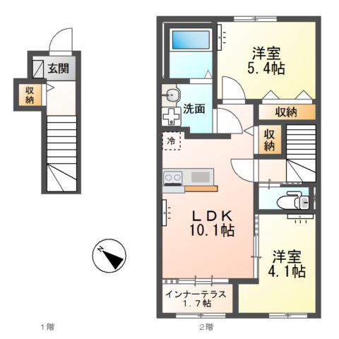 つくば市大角豆アパート(2LDK/2階)の間取り写真